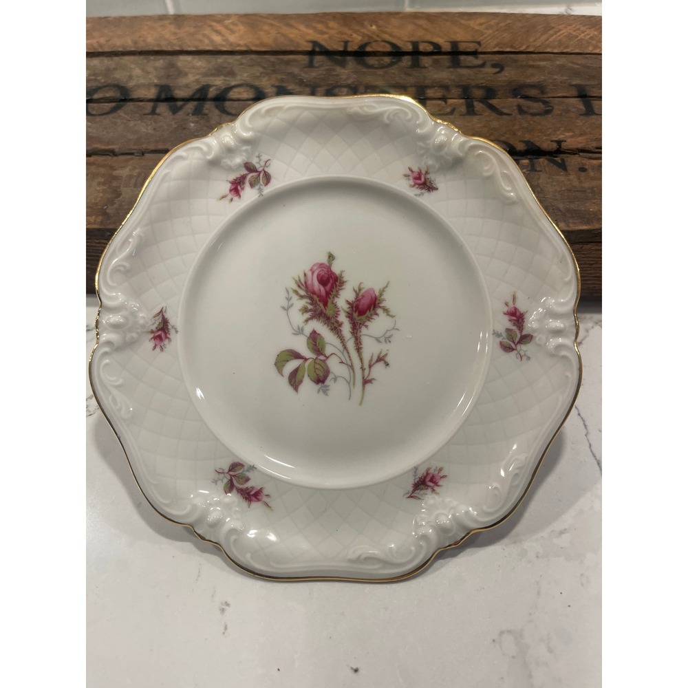 Eschenbach 7 piece set La Reine Moss Rose Bread Plates Germany US Zone Gold Trim
